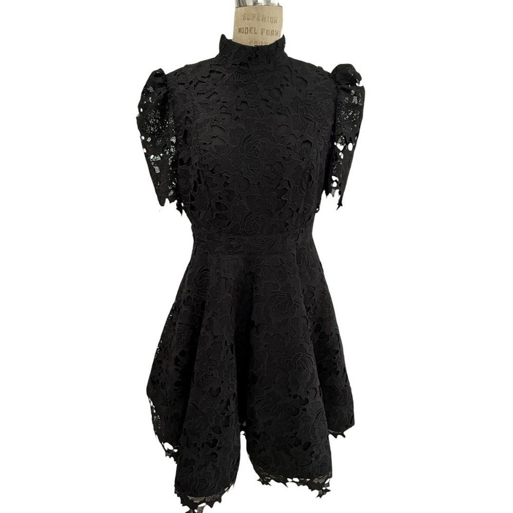 Leo Lin Mini Dress Womens 10 Elise Black Floral Lace Mock Neck Puff Sleeves
